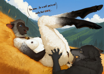 annoyed anthro anthro_on_anthro anus barely_visible_genitalia barely_visible_pussy bell bell_collar biped black_body black_fur black_nipples black_nose black_wool blue_eyes bodily_fluids breasts butt cloud cloven_hooves collar collar_only dewclaw_hooves dialogue duo ears_down fangs female forest forest_background fur genital_fluids genitals grey_body grey_fur hand_on_breast hand_on_butt hand_on_stomach happy hay hooves legs_up lying male male/female mountain mountains nature nature_background nipples nude on_back open_mouth outside pivoted_ears plant predator/prey pussy pussy_juice pussy_juice_string sky smile teeth text tree white_body white_fur white_wool wool_(fur) soloko bovid canid canine canis caprine mammal sheep wolf digital_media_(artwork) english_text hi_res