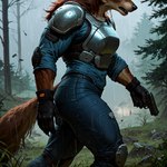 anthro armor black_clothing black_gloves black_handwear black_nose blue_bottomwear blue_clothing blue_jeans blue_pants blue_shirt blue_topwear bottomwear breastplate brown_body brown_fur clothing denim denim_clothing elbow_pads female fog forest fur gloves grass gun handgun handwear holding_object holding_weapon jeans knee_pads muscular muscular_anthro muscular_female pants pistol plant raining ranged_weapon shirt shoulder_pads side_view solo topwear tree walking weapon natox canid canine canis mammal wolf