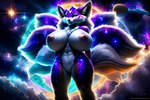 anthro breasts celestial_body celestial_fur dark_body dark_fur facial_tuft female fur genitals macro multi_tail nebula pussy smile solo space white_body white_eyeshadow white_fur metaforce canid canine celestial_being fox mammal