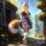 absurd_res anthro blonde_hair bottomwear bra canid canine clothing detailed_background female fox genitals hair hi_res mammal multicolored_body outside pussy skirt solo two_tone_body underwear walking