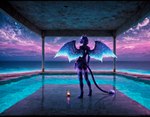 anthro blue_wings bracelet breasts candle cloudscape digitigrade ethereal female fur glowing glowing_tattoo grainy grey_hair hair jewelry liminal_spaces magic_user mystical pool purple_body purple_cloud purple_eyes purple_fur rear_view sea sky slim small_breasts solo solo_focus tail_tuft tattoo tuft vaporwave water wings akhiezer felid feline mammal hi_res