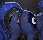 animal_genitalia animal_pussy anus black_background blue_body blue_fur blue_hair bodily_fluids butt butt_focus clitoris cutie_mark dripping equine_anus equine_pussy female feral fur genital_fluids genitals hair musk musk_clouds puffy_anus pussy pussy_juice pussy_juice_drip pussy_juice_string raised_tail rear_view simple_background solo sweat swiffer friendship_is_magic my_little_pony princess_luna_(mlp) equid equine horse mammal pony hi_res