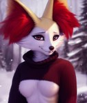 absurd_res anthro braixen breasts bust_portrait canid canine clothing detailed facial_tuft featureless_breasts female generation_6_pokemon hi_res inner_ear_fluff kadoodlebob looking_at_viewer mammal nature outside pokemon_(species) portrait smile snow solo sweater topwear tuft