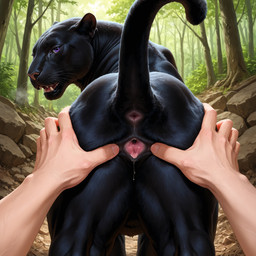 anatomically_correct anatomically_correct_genitalia animal_genitalia animal_pussy anus bedroom_eyes bestiality black_body black_fur bodily_fluids breath butt duo feline_genitalia feline_pussy female feral forest forest_background fur gaping gaping_pussy genital_fluids genitals hand_on_butt human_hands human_on_feral interspecies looking_at_viewer looking_back narrowed_eyes nature nature_background outside pink_pussy plant purple_eyes pussy pussy_juice raised_tail rear_view seductive spread_pussy spreading standing tree vaginal_fluids jensenai felid feline human mammal pantherine hi_res