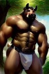 abs anthro biceps body_hair brown_body brown_fur bulge chest_hair clothed clothing facial_piercing fur happy_trail horn jockstrap looking_at_viewer male mammal muscular muscular_anthro muscular_male nipples nose_piercing nose_ring outside pecs piercing ring_piercing solo standing suid suina sus_(pig) tesseract_(director) tuft underwear wild_boar