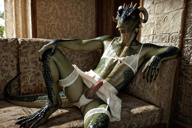 anthro clothed clothing crossdressing curled_horn genitals green_body green_scales horn lingerie looking_at_viewer male penis photorealism realistic scales solo tail yellow_eyes chromamancer the_elder_scrolls argonian reptile scalie hi_res