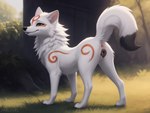 amaterasu_(okami) anatomically_correct animal_genitalia animal_pussy anus black_nose black_pussy blep brown_eyes canid canine canine_genitalia canine_pussy canis casual_exposure director_myrlonel eyebrows fangs female feral fur genitals inner_ear_fluff mammal markings myrlonel neck_tuft oka orange_eyes outside pink_anus presenting presenting_pussy pussy raised_tail smile solo tail_markings tongue tongue_out tuft white_body white_fur wolf