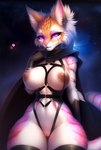 absurd_res anthro athletic breasts cape cloak clothing domestic_cat felid feline felis female fur genitals harness hi_res looking_at_viewer mammal night nipples nude pussy shroomie smile solo thick_thighs