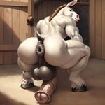 animal_genitalia animal_penis anthro anus asinus balls barn benjohnson bent_over big_balls big_butt butt donkey equid equine equine_genitalia equine_penis genitals hi_res hooves looking_at_viewer looking_back male mammal muscular penis puffy_anus solo