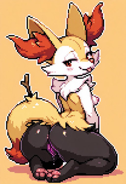 3_toes anthro big_butt black_body black_fur blep blush bodily_fluids breasts butt feet female fur genital_fluids genitals kneeling kneeling_on_ground looking_at_viewer looking_back looking_back_at_viewer nipples pawpads paws pussy pussy_juice rear_view red_body red_eyes red_fur simple_background solo stick tail_aside toes tongue tongue_out wide_hips yellow_body yellow_fur pixeldreamyai nintendo pokemon braixen generation_6_pokemon pokemon_(species) digital_media_(artwork) hi_res pixel_(artwork)