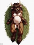 anthro areola belly big_breasts breasts brown_body brown_fur dark_nipples female fluffy fur genitals grass hair high-angle_view hips hooves horn lying multicolored_body navel nipples nude on_back plant pregnant pussy short_hair simple_background solo tuft two_tone_body white_background white_body white_fur direfelis_(director) bovid bovine cattle mammal 2024 watermark