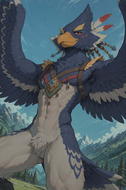 anthro beak blue_body blue_feathers blue_sky cloud feathered_wings feathers featureless_crotch male mostly_nude mountains navel one_eye_closed plant red_eyes sky smile solo tail_feathers tree white_body white_feathers wings mlem_(director) nintendo the_legend_of_zelda revali avian rito hi_res