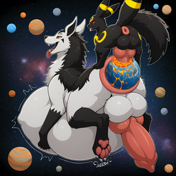 anal anal_vore animal_genitalia animal_penis anus balls belly big_balls big_belly big_penis canine_genitalia canine_penis duo feral floating from_behind_position genitals hyper hyper_belly knot macro male male/male object_vore penis perching_position planet_destruction planet_penetrated planet_vore rear_view sex space vore thedavid nintendo pokemon eeveelution generation_2_pokemon generation_3_pokemon mightyena pokemon_(species) umbreon hi_res