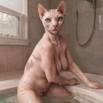 absurd_res anthro bathroom bathtub breasts domestic_cat felid feline felis female genitals hairless hairless_cat hi_res mammal nude pussy solo splice wet wet_body wrinkles