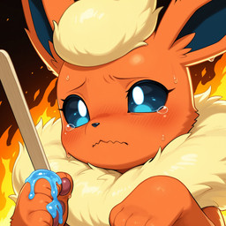 ambiguous_gender blue_eyes blush bodily_fluids feral fire food furrowed_brow heat_(temperature) melting neck_tuft pawpads paws popsicle popsicle_melting sad solo sweat tears tuft wavy_mouth cpt_d nintendo pokemon eeveelution flareon generation_1_pokemon pokemon_(species) hi_res