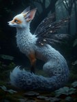 ambiguous_gender blue_eyes bushy_tail feral forest fur notched_wings orange_body orange_fur plant side_view solo solo_focus tree white_body white_fur wings valendier avian canid canine fox mammal