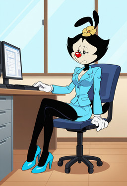 accessory aged_up anthro black_body bottomwear breasts chair cleavage clothed clothing desk female flower footwear fur furniture gloves handwear high_heels inside office office_chair office_clothing plant sad shirt sitting skirt solo table topwear white_body boxen549 animaniacs warner_brothers dot_warner inkblot mammal hi_res