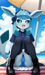 anthro bottomwear camel_toe clothed clothing clothing_lift female skirt skirt_lift solo upskirt nintendo pokemon eeveelution generation_4_pokemon glaceon pokemon_(species) absurd_res hi_res
