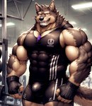 <3 abs anthro bladewolf74 canid canine canis clothing domestic_dog fangs fingerless_gloves gloves gym gym_clothing handwear hi_res lifewonders live_a_hero male mammal muscular muscular_male pecs pubraseer shirt solo tank_top topwear