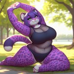 anthro big_breasts blackgum breasts clothing felid female fishnet fur green_eyes hair leopard leotard mammal overweight pantherine park pink_nose plant purple_body purple_fur purple_hair slightly_chubby solo spots stretching tree wide_hips