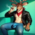 anthro antlers bandanna bottomwear bulge clothing denim denim_clothing horn jacket jeans kerchief leather leather_clothing leather_jacket leather_topwear male nipples pants sitting solo topwear gilkardex matt3985_(director) phazon cervid cervine mammal hi_res