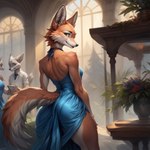 anthro ballroom bedroom_eyes blue_clothing blue_dress breasts canid canine clothing diane_foxington dress female fox fur furniture green_eyes inside looking_at_viewer looking_back mammal medium_breasts narrowed_eyes neutron_alchemist red_body red_fur seductive smile solo_focus standing