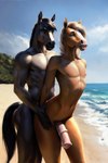 2023 ahegao anal anal_penetration animal_genitalia animal_penis anthro beach belly big_penis black_belly black_body black_fur brown_belly brown_body brown_fur brown_nipples detailed detailed_background digital_media_(artwork) duo equid equine equine_genitalia equine_penis fur genitals hair half-erect hand_on_hip hip_grab horse long_hair looking_away looking_pleasured male male/male mammal mane muscular nipples nude outside penetration penis seaside sex slim standing standing_sex tanima tongue tongue_out wide_hips