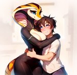 anthro big_breasts breasts clothing duo female hugging looking_at_another looking_at_partner male male/female smile smiling_at_partner standing tight_clothing wide_hips koboldcollector cobra human mammal reptile scalie snake absurd_res hi_res