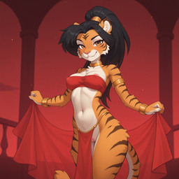 alternate_species anthro belly_dancer black_hair breasts brown_eyes clothed clothing collar disney female fur furrification genitals hair harem_outfit jewelry looking_at_viewer medium_breasts nipples orange_body orange_fur pink_nose ponytail pussy red_sky seductive sky solo striped_body striped_fur stripes tied_hair topwear translucent translucent_clothing tube_top sagrael disney's_aladdin princess_jasmine_(disney) felid mammal pantherine tiger hi_res