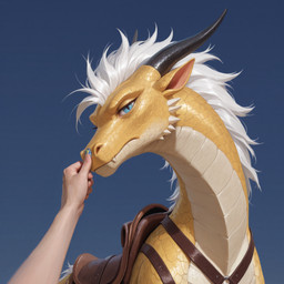 ambiguous_gender black_horn blue_eyes boop cheek_spikes facial_spikes fangs feral first_person_view horn looking_at_viewer looking_down_at_viewer mane mythology narrowed_eyes saddle scales solo spikes spikes_(anatomy) sticker teeth white_mane yellow_body yellow_scales degenstoic dragon mythological_creature mythological_scalie scalie hi_res