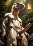 abs anthro ball balls biceps big_balls big_penis chilon249 claws detailed_background dinosaur erection fire foreskin genitals glans heavy_balls hi_res huge_penis humanoid_genitalia humanoid_penis indominus_rex jungle leaf long_penis looking_away low-angle_view male muscular muscular_male nature nature_background navel nipples obliques outside pecs penis plant portrait reptile retracted_foreskin rock saggy_balls scalie shaded sharp_teeth solo standing teeth theropod three-quarter_portrait torch tree vein veiny_penis white_body yellow_sclera yiffymix_(model)