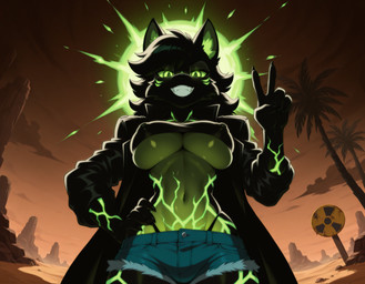 anthro black_body black_claws black_fur black_hair bottomwear breasts claws clothing crop_top desert female fur green_body green_eyes green_fur green_sclera hair inner_ear_fluff looking_at_viewer nipples palm_tree plant radiation_symbol rock shirt shorts solo standing symbol topwear tree tuft under_boob upper_body vein wasteland lavroviy_list canid canine mammal hi_res noobai_(model) stable_diffusion