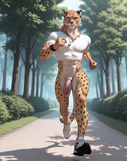 2026 abs anthro athletic athletic_male balls blinking bottomless bouncing_balls bouncing_pecs bouncing_penis clock clothed clothing crotch_tuft day flaccid footwear front_view fur genitals grass jewelry low-angle_view male mouth_closed necklace nipple_outline outside path pecs penis plant running shirt shoes shrub solo tan_body tan_fur tight_clothing tight_shirt tight_topwear topwear tree tuft watch white_body white_fur cattywampus cheetah felid feline mammal animated short_playtime webm