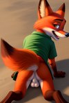 all_fours angry_puppy anthro balls butt canid canine clothing fox genitals green_clothing green_eyes looking_at_viewer looking_back male mammal nick_wilde on_knees open_mouth raised_tail solo zootopia