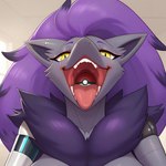 anthro female grey_body hair imminent_vore looking_at_viewer open_mouth pokeball pokeball_vore prosthetic prosthetic_arm prosthetic_limb purple_hair solo_focus swallowing vore yellow_eyes theguywhoishere fang_(theguywhoishere) generation_5_pokemon pokemon_(species) shiny_pokemon zoroark