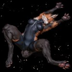 anthro black_body black_claws black_fur breasts claws clothing feet female fur handpaw hands_above_head laying lying medium_breasts multicolored_body multicolored_fur narrowed_eyes on_back orange_body orange_fur pawpads paws pink_pawpads short_tail solo spread_legs spread_toes spreading stretching toes viewed_from_above white_body white_fur blp canid canine fox mammal red_fox alpha_channel hi_res