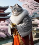 anthro asian_clothing cherry_blossom cherry_blossom_tree cherry_tree clothing domestic_cat east_asian_clothing felid feline felis fruit_tree garden hi_res japanese_clothing japanese_house male mammal pallas's pallas's_cat plant pond tree