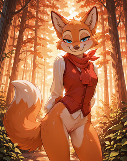 anthro autumn bedroom_eyes bottomless clothed clothing female forest genitals looking_at_viewer narrowed_eyes plant pussy seductive solo standing tree denis0k canid canine fox mammal hi_res