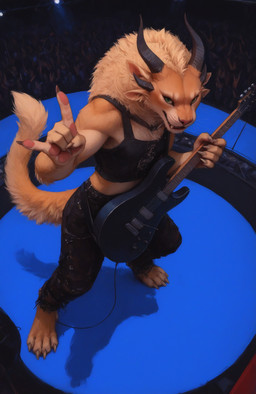 4_ears 4_horns 4_toes 5_fingers audience barefoot bottomwear breasts claws clothed clothing crowd dewclaw digitigrade electric_guitar fangs feet female finger_claws fingers fluffy fur gesture green_eyes group guitar hair holding_musical_instrument holding_object horn looking_at_viewer midriff multi_ear multi_horn musical_instrument open_mouth orange_body orange_fur pants pawpads paws playing_music plucked_string_instrument pose shirt smile solo_focus stage standing string_instrument tail tan_body tan_fur teeth toe_claws toes topwear unknown_director guild_wars charr felid mammal hi_res