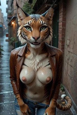 alley anthro areola bottomwear breasts clothing denim denim_clothing ear_tuft female fur green_eyes jacket jeans leaning leaning_forward markings nipples pants photorealism pink_nipples pink_nose raining solo standing striped_markings stripes topwear tuft wet wet_body wet_fur oddlywetslurpee silverlynx felid feline hybrid lynx mammal pantherine tiger animated short_playtime webm