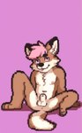 animal_genitalia anthro anus balls blep canid canine digital_media_(artwork) fox fur genitals hair hi_res looking_at_viewer male mammal nipples orange_body orange_fur pink_hair pixel_(artwork) purple_eyes sheath simple_background sitting_on_ground slim solo spread_legs spreading tongue tongue_out