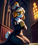 animal_crossing anthro bell black_clothing blue_eyes canid canine canis church clothing domestic_dog druge female fur hands_together hi_res isabelle_(animal_crossing) kneeling light mammal nun nun_habit nun_outfit praying shih_tzu solo stone_floor stones sunlight toy_dog window yellow_body yellow_fur