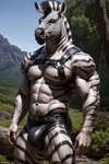 anthro black_nipples clothing harness jockstrap male muscular nipples rainbow solo underwear veiny_arms veiny_biceps veiny_hands veiny_muscles woods equid equine mammal zebra absurd_res hi_res