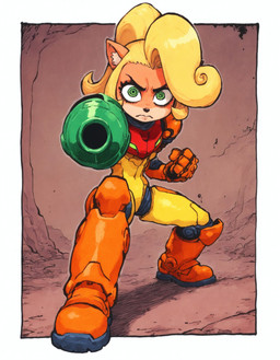 4_fingers anthro arm_cannon armor blonde_hair cosplay crossover crossover_cosplay female fingers hair long_hair looking_at_viewer simple_background solo varia_suit weapon anonymous_director activision crash_bandicoot_(series) metroid nintendo coco_bandicoot mammal marsupial hi_res
