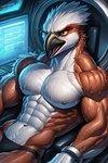 abs anthro athletic bdsm beak biceps big_deltoids bodily_fluids bondage bound clothing cuff_(restraint) feathers growth laboratory male muscle_growth muscular muscular_anthro muscular_male navel nipples pecs restraints ripped_muscles shocked solo sweat test_subject thong triceps underwear birdovo avian bird hi_res