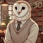 anthro brown_body brown_feathers chatgpt clothed clothing countershade_face countershading feathers illustration library male necktie solo standing sweater sweater_vest topwear vest lendri_mujina athren_owl chatgpt_(personification) avian barn_owl bird masked_owl owl tytonid