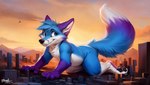 anthro belly black_pawpads blue_body blue_eyes blue_tail building canid canine city dipstick_tail fox fox_tail hi_res landscape_dwarfing macro male mammal markings pawpads paws purple_tail purple_toes slightly_chubby smile solo sunset swix swix_(character) tail_markings white_belly white_legs white_tail young