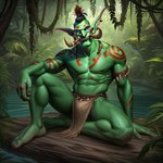 2_toes 3_fingers 3_toes abs accessory black_hair blue_eyes bodily_fluids bodypaint bottomwear bulge clothing ear_piercing face_paint feet fingers forest green_body hair hair_accessory hairband humanoid_pointy_ears jewellery jewelry jungle jungle_trees lake leaf light loincloth long_ears looking_at_viewer male markings muscular muscular_arms muscular_male piercing plant pond red_hair sitting solo sweat sweaty_body tattoo toes tree tribal tribal_jewelry tribal_markings tribal_tattoo tusks vein veiny_arm water wet wet_body xal-zul_(director) warcraft humanoid troll lighting