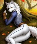 anthro butt canid canine canis clothing fur hi_res lying male mammal plant presenting presenting_hindquarters solo tight_clothing tree white_body white_fur wolf