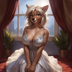 anthro big_breasts black_nose blonde_hair blue_eyes breasts brown_body brown_fur cleavage clothed clothing countershading curtains dress female fur hair inner_ear_fluff inside looking_at_viewer plant plant_pot potted_plant solo spots tuft nsfjerk capreoline cervid mammal white-tailed_deer absurd_res hi_res